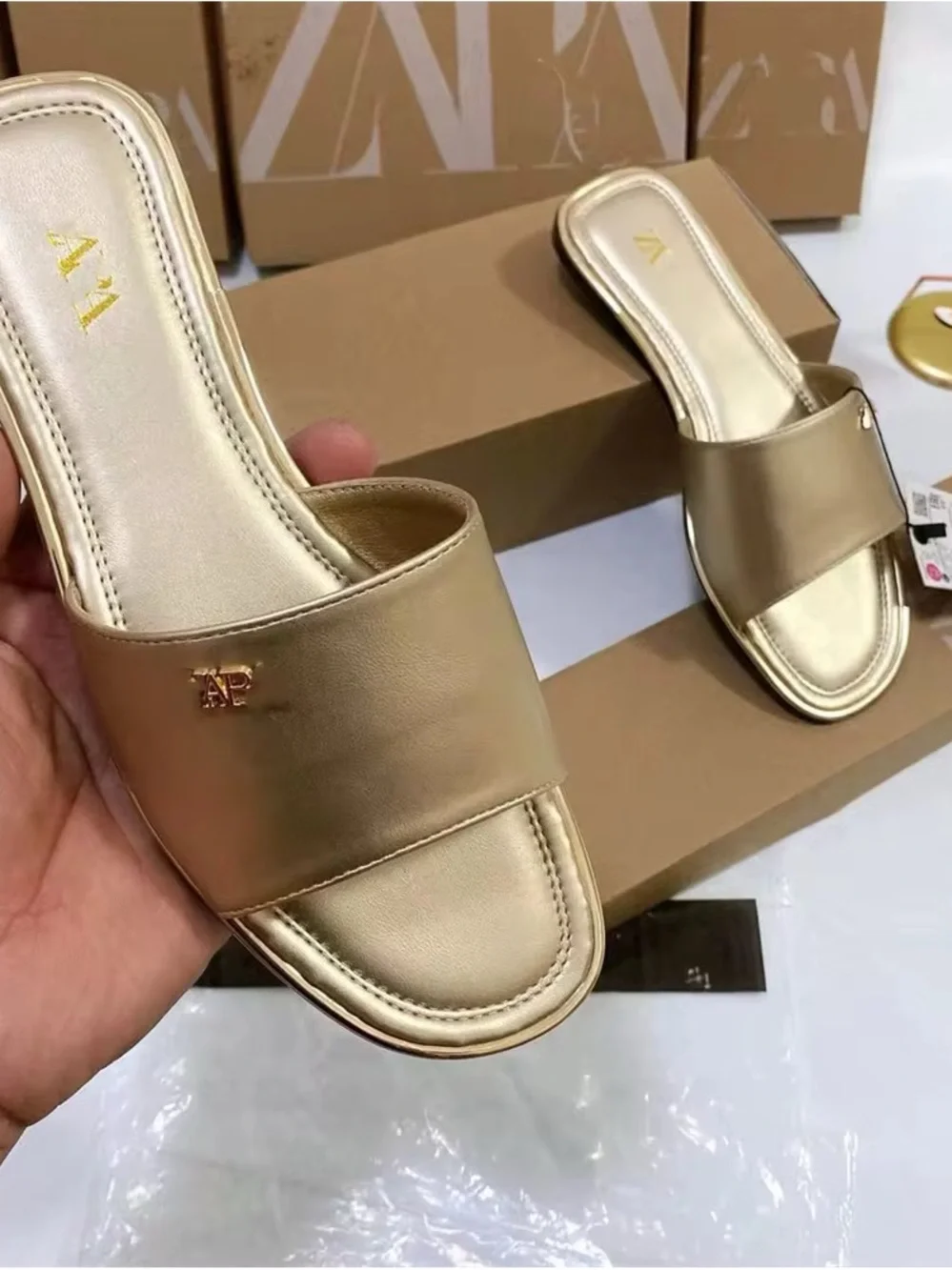 Zara White Slide Sandals with Gold Logo Pin - Picture 5 of 11